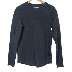 Leif Nelson Mens Moto Ribbed Knit Long Sleeve Sweater Charcoal Grey Cotton Small